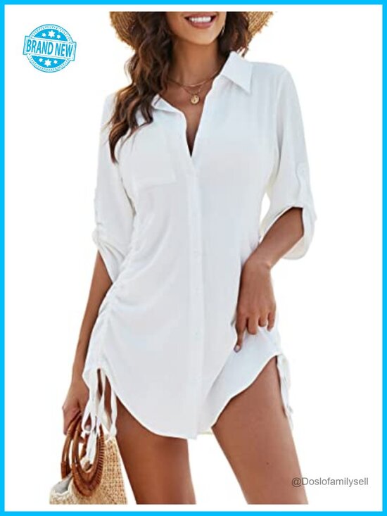 Other - Drawstring Button Down Beach Dress Swimsuit Cover Up Half Sleeve